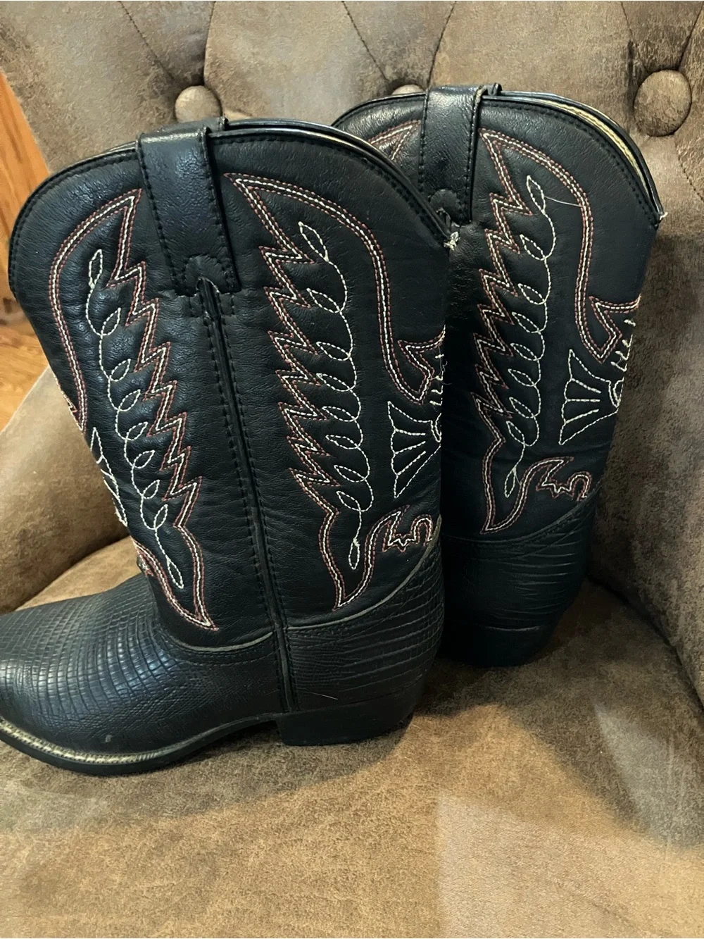 Boys Black Embossed Western Boots with Contrast Stitching